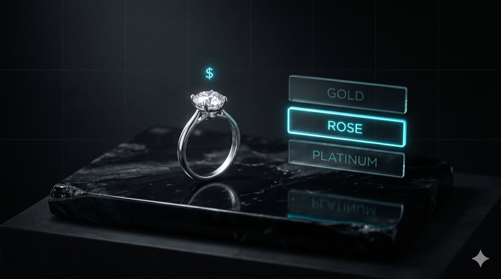 A diamond solitaire ring on polished obsidian with floating GOLD / ROSE / PLATINUM variant chips