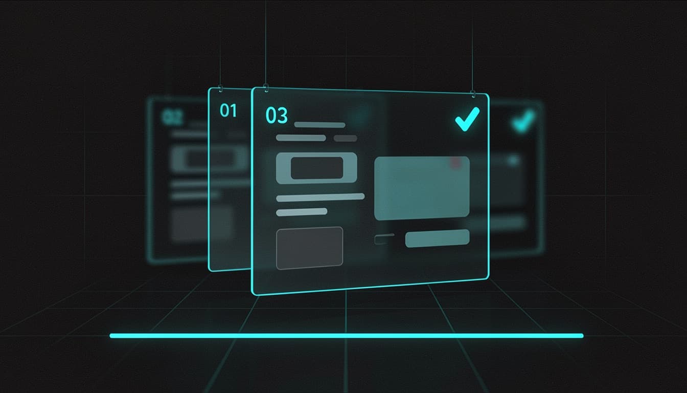 Three stacked glass wizard panels labelled 01 / 02 / 03 with a cyan checkmark on the front panel and a thin cyan progress bar below